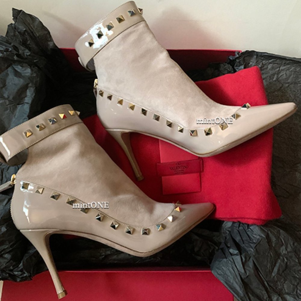 VALENTINO Suede And Patent Leather Rockstud Ankle Boots